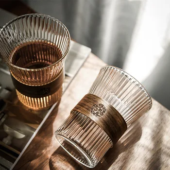 Dikey çizgiler cam kahve fincanı yeniden kullanılabilir kahve Kupa Ahşap Kollu Japon Tarzı Züccaciye Çay Latte Americano Cappuccino