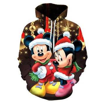 Disney 3D Minnie Mickey Mouse Noel Hoodie Tişörtü Erkek Kadın Erkek Kız Kazak Harajuku Streetwear Cep Hoodies