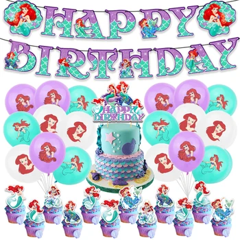 Disney Mermaid Prenses Balonlar Set Ariel Prenses Mutlu Doğum Günü Afiş Kek Topper Bebek Duş Parti Süslemeleri Çocuk Oyuncak