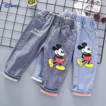 Disney Mickey Bebek Kız Erkek Kot Bahar Sonbahar Yürümeye Başlayan Çocuk Kovboy Pantolon Yüksek Bel Cep Pamuk Pantolon Bebek Giysileri 12M-7Y