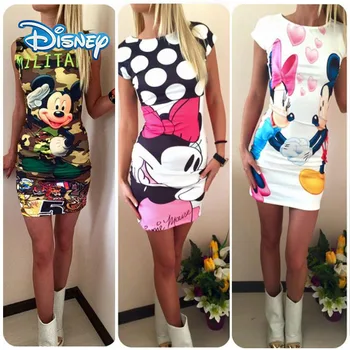 Disney Mickey Minnie Mouse Elbise Kadın Moda Baskı O-boyun Kolsuz Yaz Mini Elbiseler Bodycon Ince Rahat Kalem Vestidos