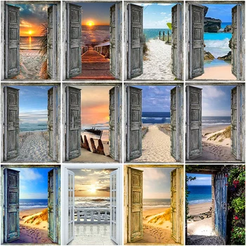 DIY 5D Elmas Boyama ev kapısı Plaj Sahil Manzara Elmas Nakış Çapraz Dikiş Kiti Mozaik Tam Yuvarlak Rhinestone Dekor