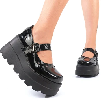 Dropship Marka Tasarım Gotik Tarzı Lolita Kız Tatlı Serin Mary Janes Pompaları Platformu Takozlar Topuk Toka Kadın Ayakkabı Rahat