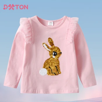 DXTON Kız Tavşan Tavşan Karikatür T shirt Çocuk Uzun Kollu Sonbahar Bahar Pamuk Casual Tops Kızlar Sequins Tees Çocuk Giyim