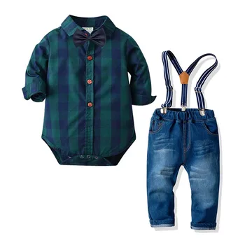 Erkek bebek Beyefendi Takım Elbise Gömlek Romper papyon + Jartiyer Kot 3 Adet Resmi Çocuk Giyim Seti küçük Çocuk Yakışıklı Giyim
