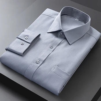 Erkek Düz Elbise Gömlek Elastik Uzun Kollu Düzenli Fit Erkek Resmi Gömlek Ofis Ön Cep Olmayan demir Rahat Yeni