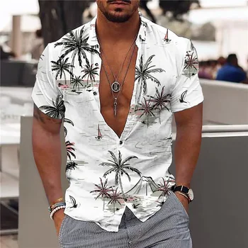 Erkek Hawaii Gömlek Hindistan Cevizi Ağacı Baskı Yeni Gömlek Erkekler için Yaka Tek Göğüslü Kısa Kollu Plaj Trend Moda Erkek Giyim