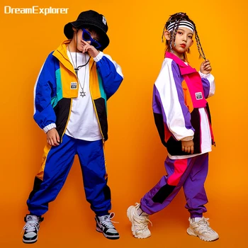 Erkek Hip Hop Kontrast Ceket Kızlar Caz Joggers Giyim Seti Çocuklar Sokak Dansı Patchwork Ceket Sweatpants Çocuk Kostüm Streetwear