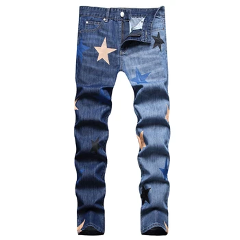 Erkek Hip Hop mavi Çift büyü 5 yıldız baskı kot moda ince streç kalem pantolon Streetwear