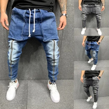 Erkek Kot Bantlı Slim Fit Denim Yüksek Kaliteli Geniş Kot Pantolon erkek Streetwear Kaykay Pantolon Nötr Pantolon Hip Hop Rahat