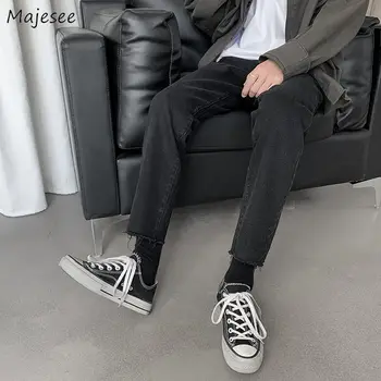 Erkek Kot Siyah Kot Ayak Bileği uzunlukta Vintage Kürk hattı Harajuku Ins Punk düz Pantolon Rahat Serin Basit Kovboy İnce Moda