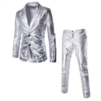 Erkek Parlak Metalik Gümüş Gece Kulübü Takım Elbise (Ceket + Pantolon) İnce İki Düğme Sahne Takım Elbise Blazer Şarkıcılar Dansçılar Kostüm Homme