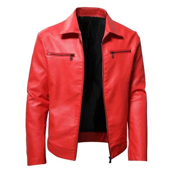Erkek sonbahar yeni vintage deri ceket PU deri standı yaka moda kırmızı / siyah motosiklet ceket rüzgar geçirmez yaka fermuar deri