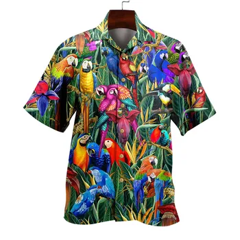 Erkekler Gökkuşağı Papağan Yaz Gömlek Kısa Kollu Turn-aşağı Yaka Streetwear Gevşek Erkek Hawaii Gömlek Tatil Beachwear Camisa