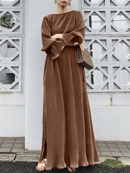 Fas Müslüman Elbise Kadınlar Abaya Kaftanlar Katı Bölünmüş Günlük Elbiseler Kadın Parlama Kollu Dubai Türkiye İslam Robe Femme Vestidos