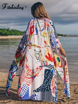 Fitshinling Soyut Baskı Plaj Kimono Uzun Hırka Yan Yarık Tatil Bikini Cover-Up Mayo Sashes İle Yaz Seksi Gezi