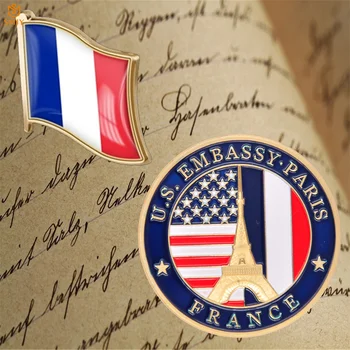 Fransa Paris Kulesi ABD Dışişleri Bakanlığı Büyükelçiliği Mücadelesi Jetonu Sikke Fransız Emaye Bayrak Broş Rozet Pin Seti Hediye