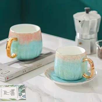 Fırın renk değiştirme boyalı altın kahve fincanı yaratıcı daire altın degrade seramik kupalar çay fincanı ve altlıklar kahve fincanları
