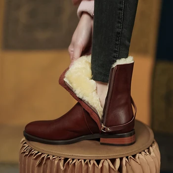 Gerçek Yün Fermuar yarım çizmeler kışlık botlar Yüksek Kaliteli Retro Renk Kadın Ayakkabı İnek Deri Kış Ayakkabı Kadın Botas Scarpe Donna