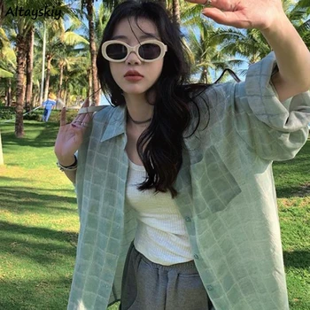 Gömlek Kadın Rahat Moda Kore Basit Tüm Maç Harajuku Güneş Koruyucu Uzun Kollu Cepler Ekose Tatlı Sıcak Satış Üstleri Bayan Şık