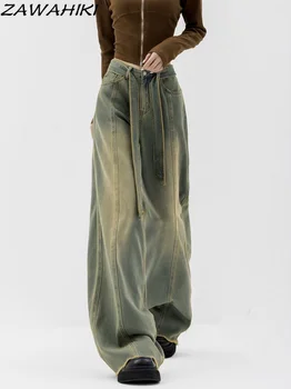 Harajuku Yıkanmış Kot Y2K Mavi Yüksek Bel Streetwear 90S Kemer Kot Kadın Pantolon Düz Geniş Bacak Kot Yüksek Sokak Giysileri