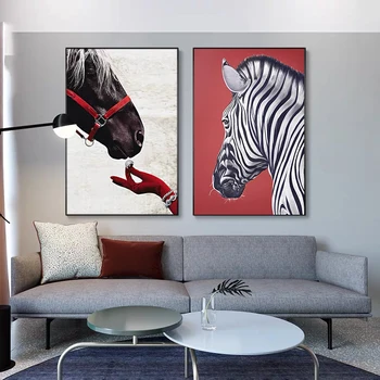 Hayvan Zebra At ve Kırmızı Eldiven Yüzük Posterler ve Baskılar Tuval Resimleri Duvar Sanatı Resimleri ıçin Oturma Odası Dekor (Çerçeve yok)