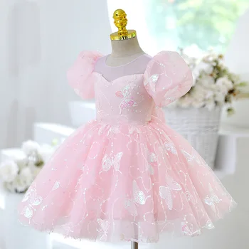 High-end Bebek elbise yaz pembe Yay kız elbisesi sequins bebek prenses kabarık tutu elbise Doğum Günü partisi için çocuk giyim