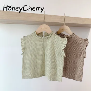 HoneyCherry çocuk Yaz Ekose Kolsuz Dantel Gömlek Kız Bluz Kız Üstleri Ve Bluzlar Bebek Kız Giysileri