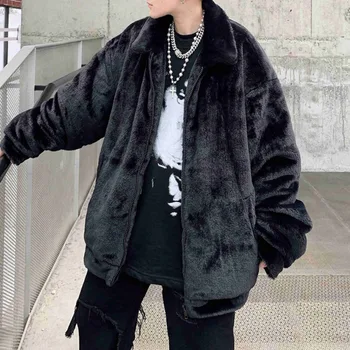 Hybskr Moda erkek Kış Faux Kürk Ceketler Gotik Harajuku Sıcak Kalınlaşmak Kabanlar Katı Renk Hip Hop Giyim Erkek Parkas