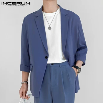 INCERUN Moda Erkek Blazer Streetwear Düz Renk Yaka 3/4 Kollu Bir Düğme Eğlence Takım Elbise Erkekler 2022 Rahat İnce Ceketler S-5XL