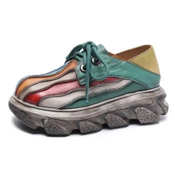 İlkbahar ve Sonbahar Tek Ayakkabı Vintage Deri Bağcık Kalın Tabanlar İnek Derisi kadın ayakkabısı Ovmak Renk Her Maç Çörek Ayakkabı Kadın