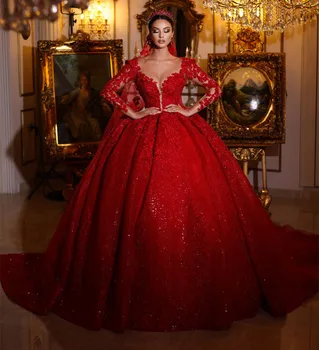 İnanılmaz Kırmızı Dubai Dantel Gelinlik Sparkly Boncuk Parlak Kadınlar Arapça gelinlikler 2022 Uzun Kollu Kilise Evlilik Kıyafetleri