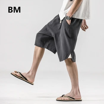 Japon Keten Şort Erkekler Yaz Gevşek Artı Boyutu ince pantolon 2020 Harajuku düz pantolon 5XL plaj pantolonları Erkekler harem pantolon