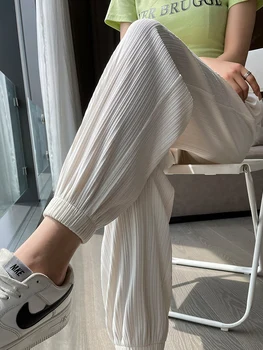 Joggers Kadınlar yazlık pantolonlar Traf Rahat Kore Moda Yüksek Belli Sweatpants Buz İpek Pembe Beyaz Spor Pantolon Harajuku Y2K