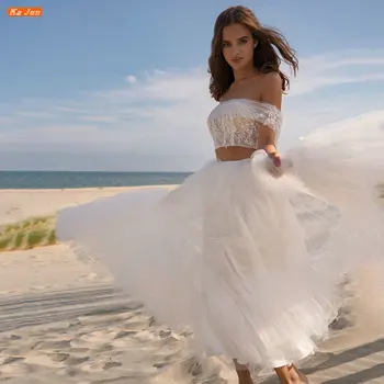 KA HAZİRAN Kısa Iki Parçalı Tekne Boyun düğün elbisesi Dantel Aplikler Tül Robe De Mariée Plaj Bir Çizgi gelin kıyafeti Vestidos De Noiva