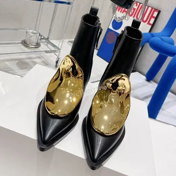 Kadın Ayak Bileği Buzağı Patik Metalik Lüks Marka Tasarım Düşük Topuk Sivri Burun Çizmeler Yavru İşi Topuk Slingback Terlik Ayakkabı