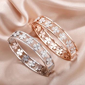 Kadın Kristal Dört Yapraklı Yonca Bilezik Parti Bileklik Klasik Altın Gümüş Renk Paslanmaz Çelik Bilezik Düğün Hediyeleri Takı