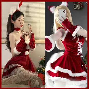 Kadın Noel Bayan Noel Baba Cosplay Kostüm Kış Kırmızı Üst Etek Pelerin Pelerin Seksi Iç Çamaşırı Hizmetçi Tavşan Üniforma süslü elbise