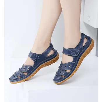 Kadın Sandalet 2019 Yaz Yeni Deri El Yapımı Bayan Ayakkabıları Deri Sandalet kadın Düz Sandalet Retro Tarzı anne ayakkabısı