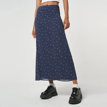 Kadın Y2K Peri Grunge Midi Etekler Çiçek Baskı Yüksek Bel A-Line Uzun Etek Bahar Sonbahar E-kızlar Vintage 90s Streetwear
