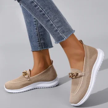 Kadın Zincir Loafer Flats Kadınlar için Yuvarlak Ayak Kayma rahat ayakkabılar Kumaş Daireler Nefes Rahat yürüyüş ayakkabısı