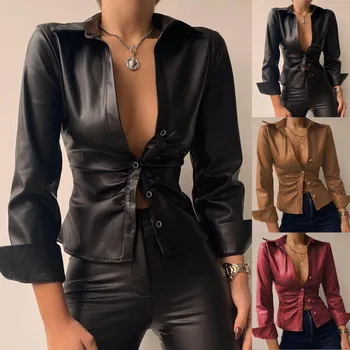 Kadınlar Düğmeli Uzun Kollu Sıska Bluz Ofis Bayanlar Kıyafetler Moda Clubwear Parti PU Deri Düğme Aşağı Gömlek Yaka Blusa