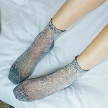 Kadınlar Parlak Çorap Moda Moda Kızlar Glitter Kısa Çorap İlkbahar Yaz Ayak Bileği Çorap İnce Gazlı Bez Şeffaf Bayan Sox Rahat