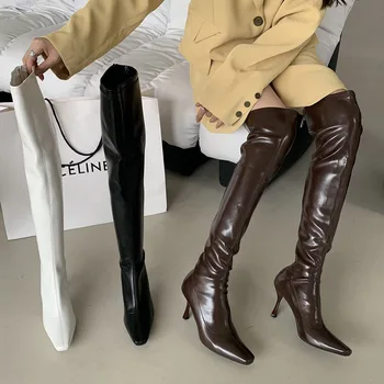 Kahverengi Beyaz Siyah Kadın Yuvarlak Ayak Diz Üzerinde Çizmeler Ince Yüksek Topuklu Geri Fermuar Kış Streç Ayakkabı Moda Seksi Chelsea Bota
