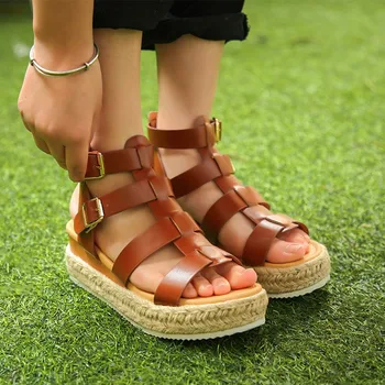 Kahverengi Platform Kama Roma Sandalet kadın ayakkabısı Yaz 2022 Trendleri Eğlence Açık Kenevir Halat Alt İçi Boş Toka Yüksek Topuk 43
