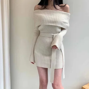 Kapalı Omuz Kazak Elbise Örme Kazak Elbise Kadın Seksi Bodycon Mini Elbiseler Kadınlar İçin Parti 2022 Kore Uzun Kollu Elbise