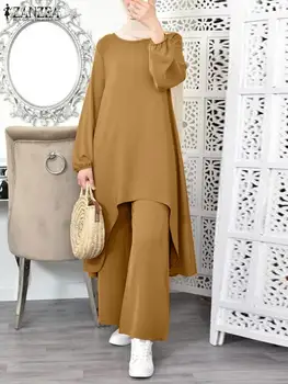 Katı Türkiye Abaya Kıyafetler 2 ADET Rahat Uzun Kollu Bluz Pantolon Setleri Kadın Sonbahar Türk Elbise 2022 ZANZEA Moda Müslüman Setleri