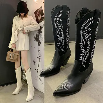 Kendou aynı beyaz kovboy çizmeleri retro net kırmızı ince sivri yüksek varil Şövalye çizmeler kalın topuk çizmeler kadın diz boyu