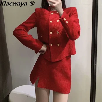 Klacwaya 2021 Kadın Moda İki Parçalı Set Vintage Kırmızı Tüvit Kruvaze Blazer Kadın Ön Yarık Tüvit Mini Etek Şık Takım Elbise