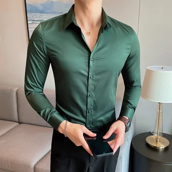 Kore Moda Sıkı ve Küçük Tasarım Erkekler Gömlek Casual Düğme Aşağı Uzun Kollu Beyaz Siyah Yeşil Gömlek